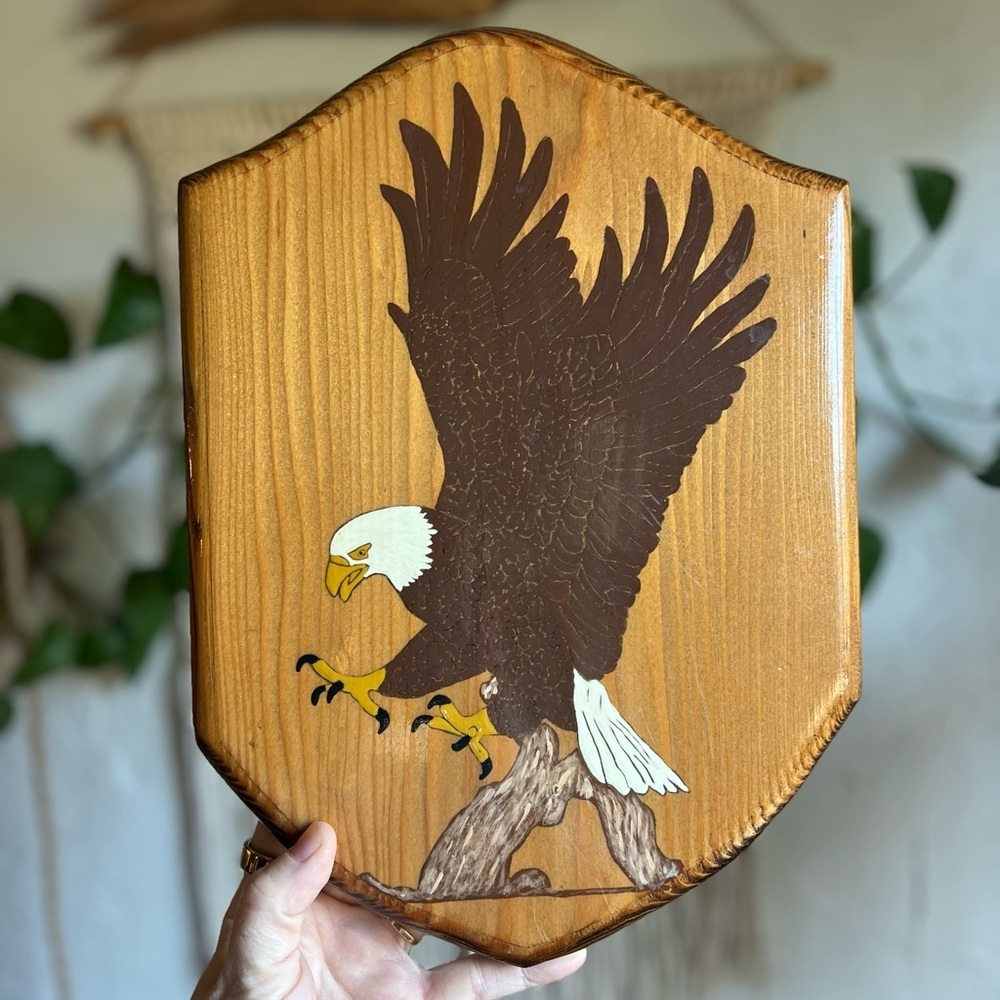 Vintage Hand-Painted Bald Eagle Wooden Plaque | Rustic Cabin Americana Wall Art